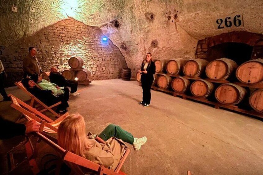 Una bodega con barriles de madera, un muro de piedra y una persona de pie. 4