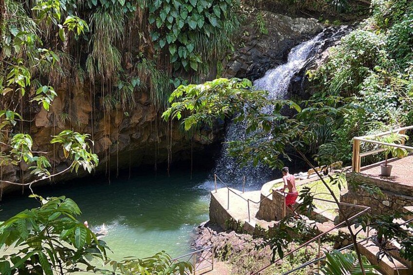 A waterfall, lush greenery, and a person standing near the water. 5