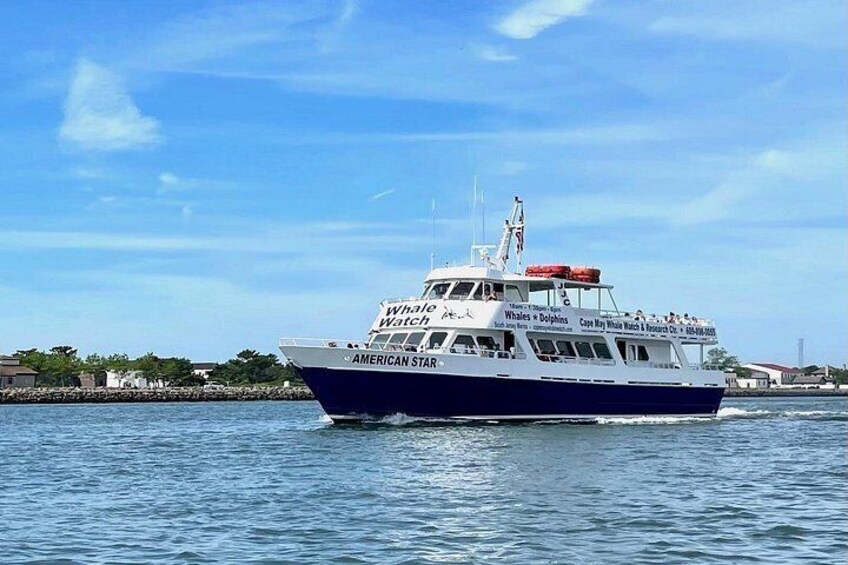 Un grand bateau blanc et bleu, baptisé « AMERICAN STAR », avec l’inscription « Whale Watch » sur sa coque, navigue sur des eaux calmes. 2