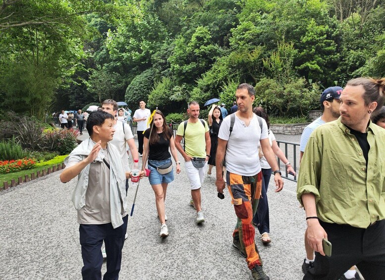 A group of people walking on a paved path surrounded by lush greenery. 1