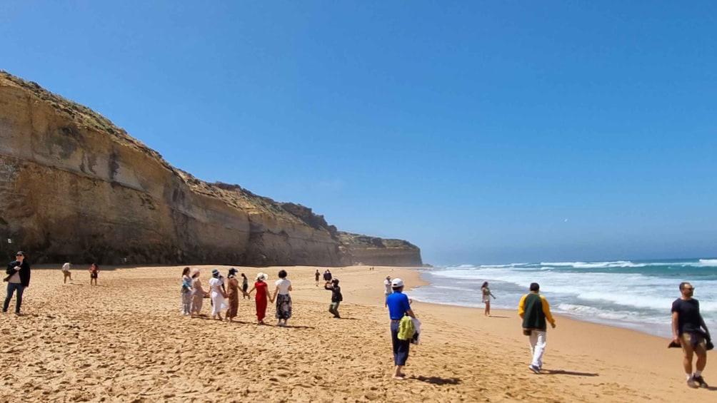 Una playa arenosa con gente caminando y parada, acantilados al fondo y el océano. 1