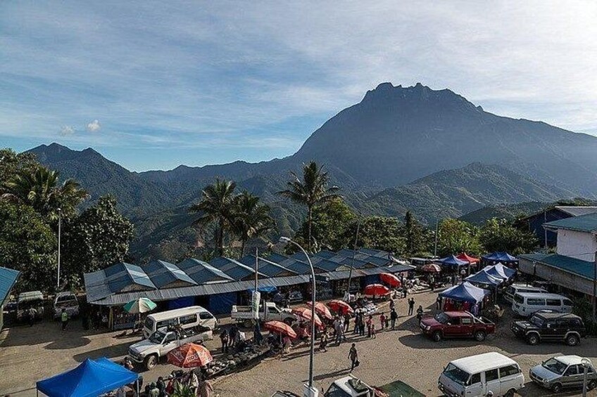 Un área de mercado con puestos y vehículos, rodeada de montañas y palmeras. 3