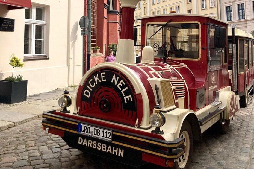A vintage red and cream train with 'DICKE NELE' and 'DARSSBAHN' on its back. 5