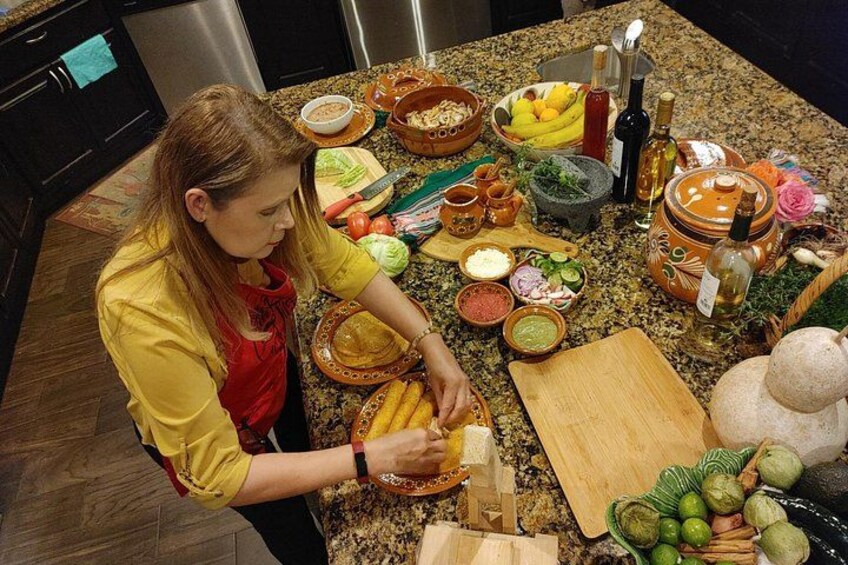 Betty cooking Sinaloa Style Chicken Enchiladas using all fresh local ingredients 2