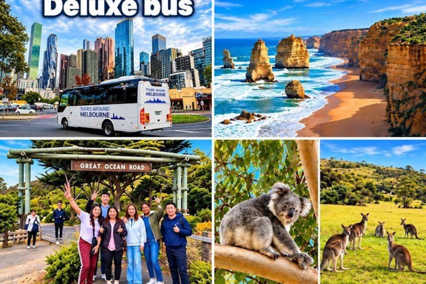 Un paisaje urbano, acantilados costeros, un koala y canguros. 1