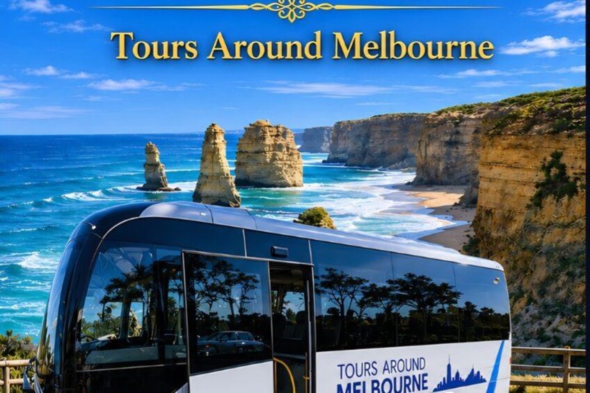 A tour bus with 'TOURS AROUND MELBOURNE' on its side, overlooking a coastal cliff with rock formations. 2