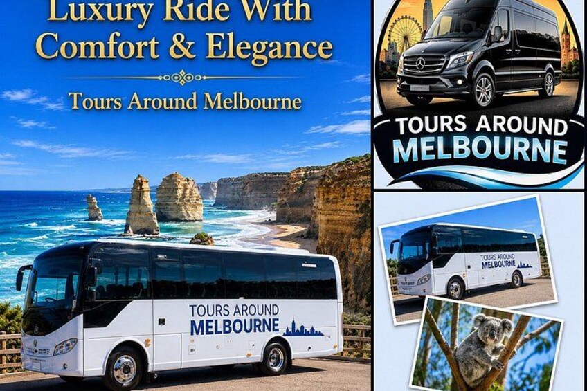 A tour bus with the text 'TOURS AROUND MELBOURNE' and scenic views of cliffs and the ocean. 5