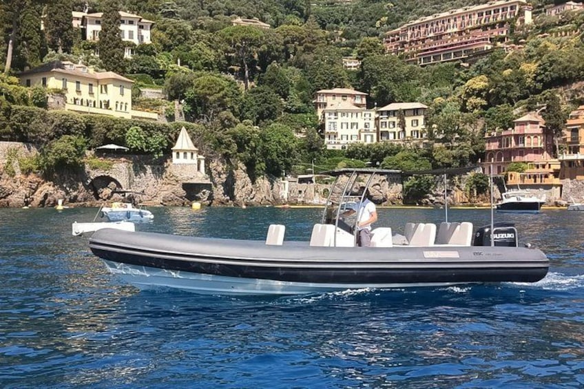 A motorboat on calm water with a backdrop of coastal buildings and greenery. 5