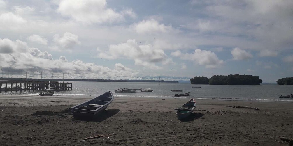 A beach with boats, a pier, and a distant island. 1