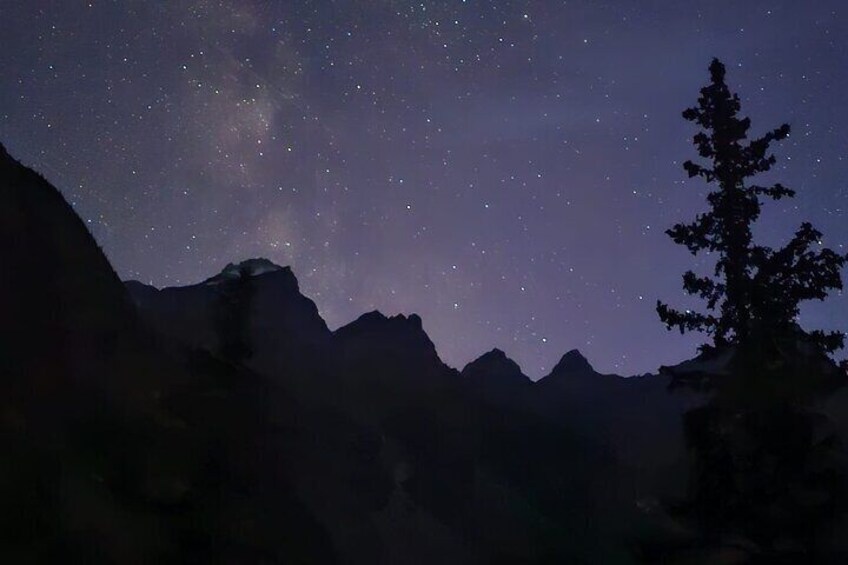 Cielo estrellado sobre un paisaje montañoso con la silueta de un árbol destacado. 5