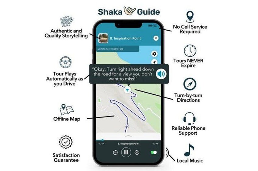 A smartphone displaying a map with a route and a notification about a nearby attraction. 3