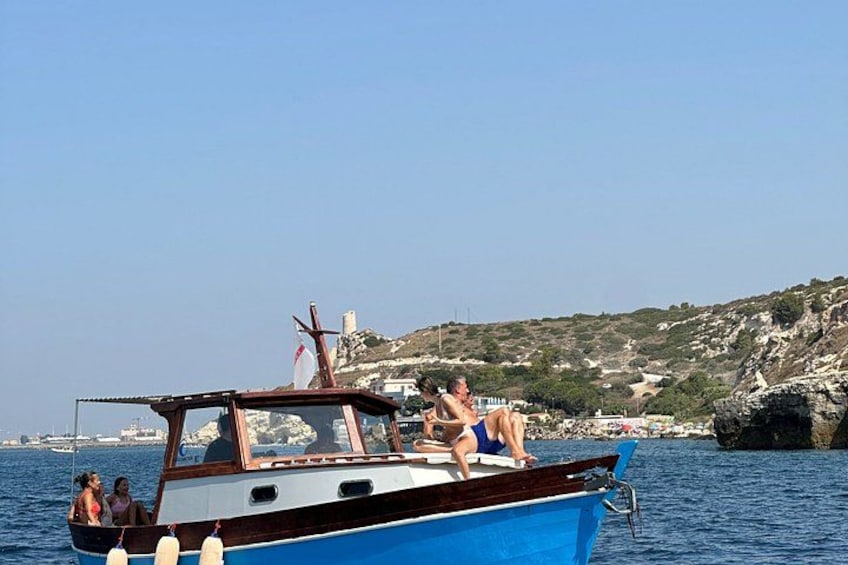 A boat with people on it, rocky coastline, and buildings in the background. 2