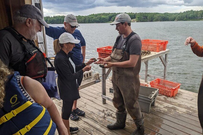 People on a wooden dock by a lake, some holding fishing equipment. 4