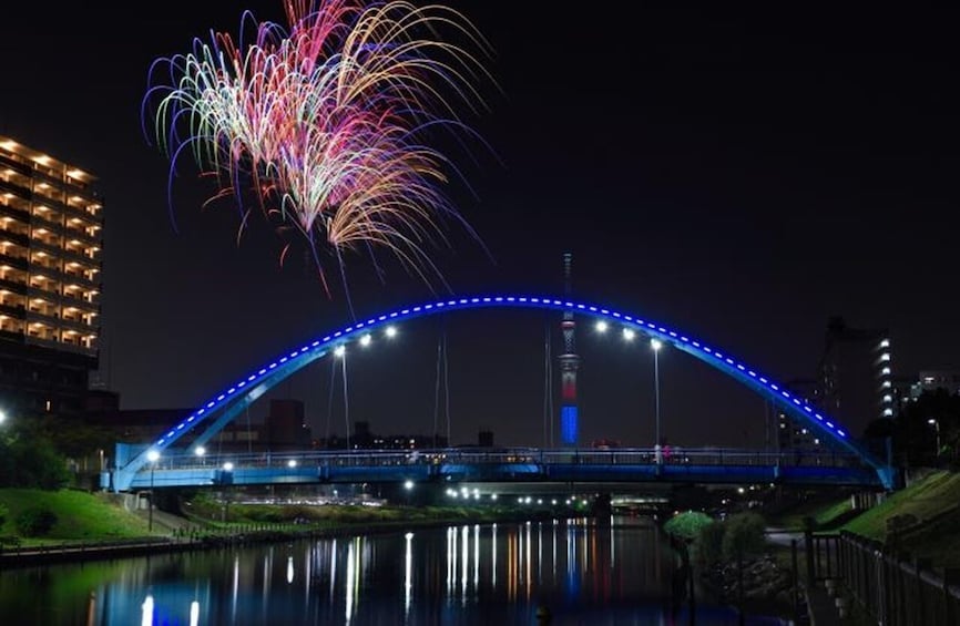 A bridge with blue lights, a river, and fireworks in the sky. 4