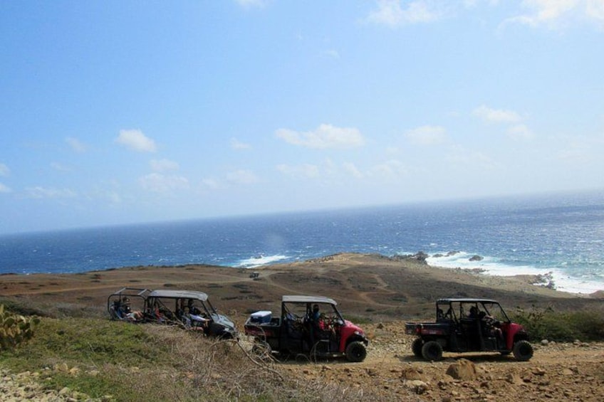 A coastal landscape with vehicles parked on a dirt path. 4