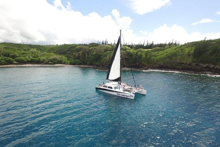 Eine Segelyacht namens 'GEMINI' auf ruhiger See vor einer grünen Landschaft. 3