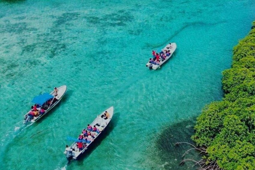 Three boats on clear turquoise water surrounded by lush greenery. 4