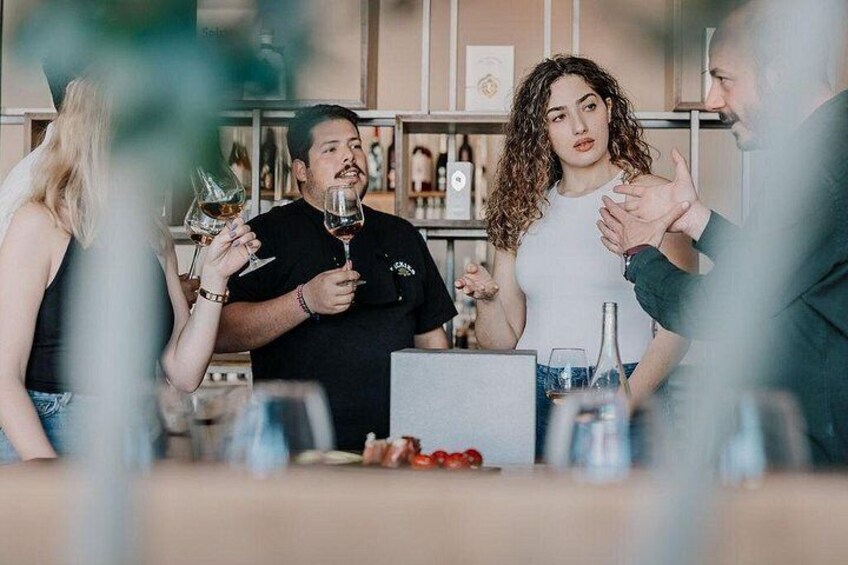 A bar setting with people holding wine glasses, a bar counter, and shelves with bottles. 3