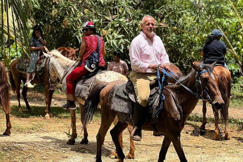 People riding horses on a dirt path surrounded by greenery. 1