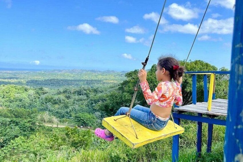 A person on a swing overlooking a lush landscape. 2