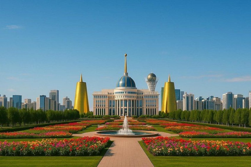 A cityscape with a prominent building with a dome, two tall golden structures, and a well-maintained garden with a fountain. 1