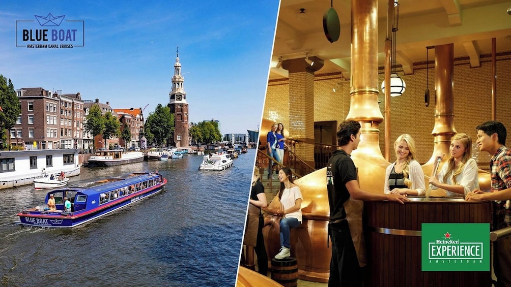 A canal with boats, a tall tower, and a bar with people. 1