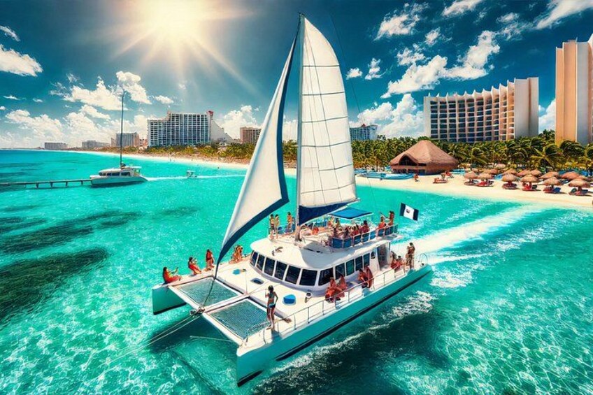 A sailboat with passengers on a turquoise sea, a beach with umbrellas, and a hotel in the background. 2