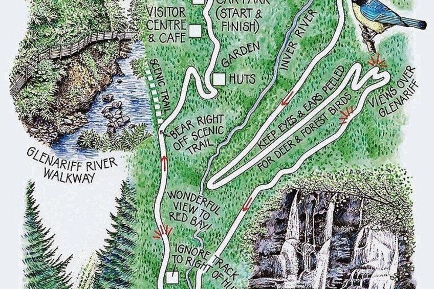 A map with a Glenariff River Walkway, scenic trails, a visitor center, and a cafe. 2