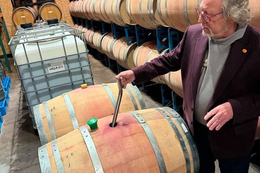 Una persona examina un barril de madera en un almacén con numerosos barriles y tanques grandes. 2