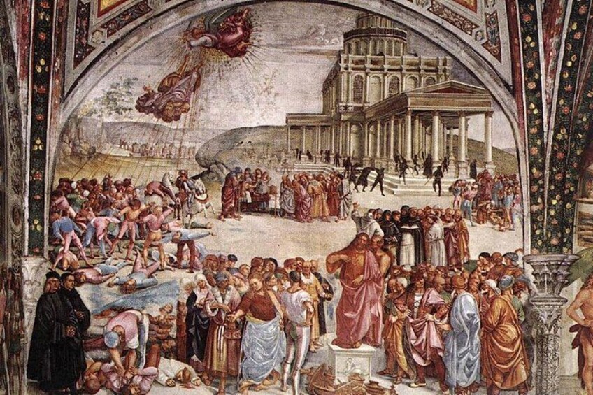 Un affresco storico raffigurante una figura centrale in rosso, una folla e un'architettura classica. 3