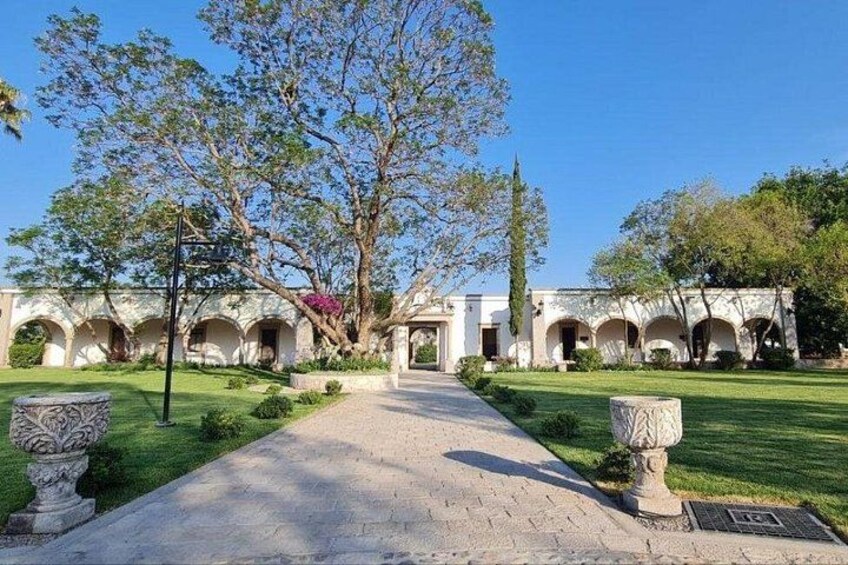 A courtyard with a pathway, arches, and a large tree. 2