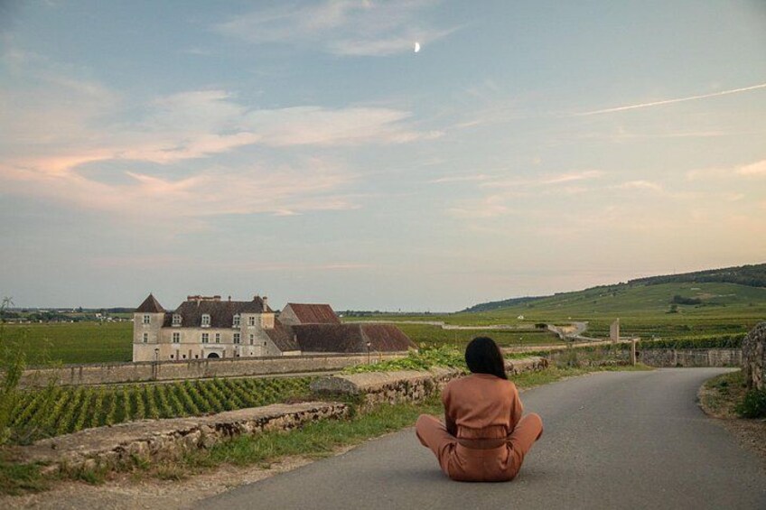 A person sitting on a road with a large house and fields in the background. 4