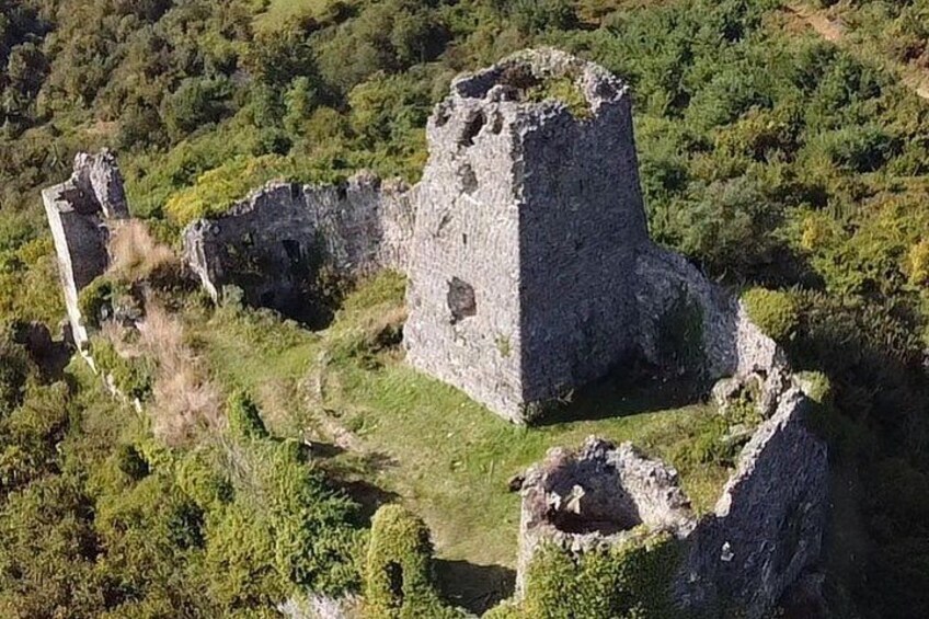 An aerial view of a historical stone structure surrounded by dense forest. 4