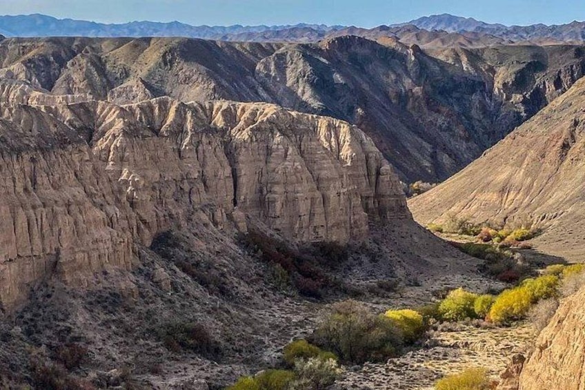 Un paisaje accidentado de cañón con formaciones rocosas estratificadas y vegetación escasa. 3