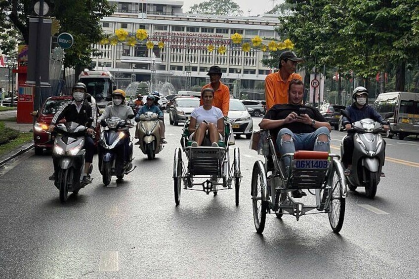 A street with motorbikes and a wheelchair. 4