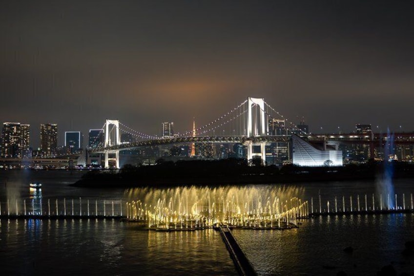 Un paisaje urbano nocturno con un puente iluminado destacado y un espectáculo de fuentes. 5