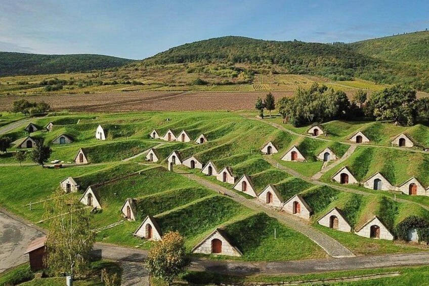 Paisaje rural con numerosas casas pequeñas de techos blancos, dispuestas en un patrón cuadriculado sobre colinas verdes. 5
