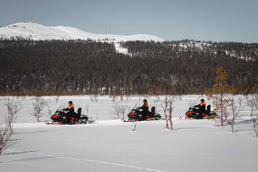 Tres motos de nieve en un campo nevado, con un bosque y montañas al fondo. 5