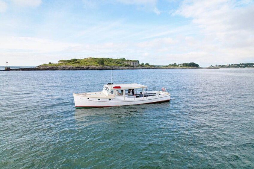 Un barco blanco sobre aguas tranquilas, con un faro a lo lejos y una isla cubierta de hierba. 2