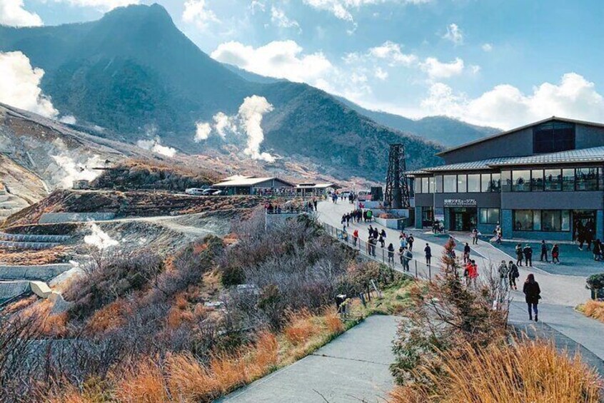 A geothermal area with steam vents, a visitor walkway, and a modern building. 3