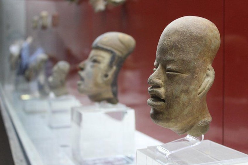 A display of ancient sculptures in a museum. 4