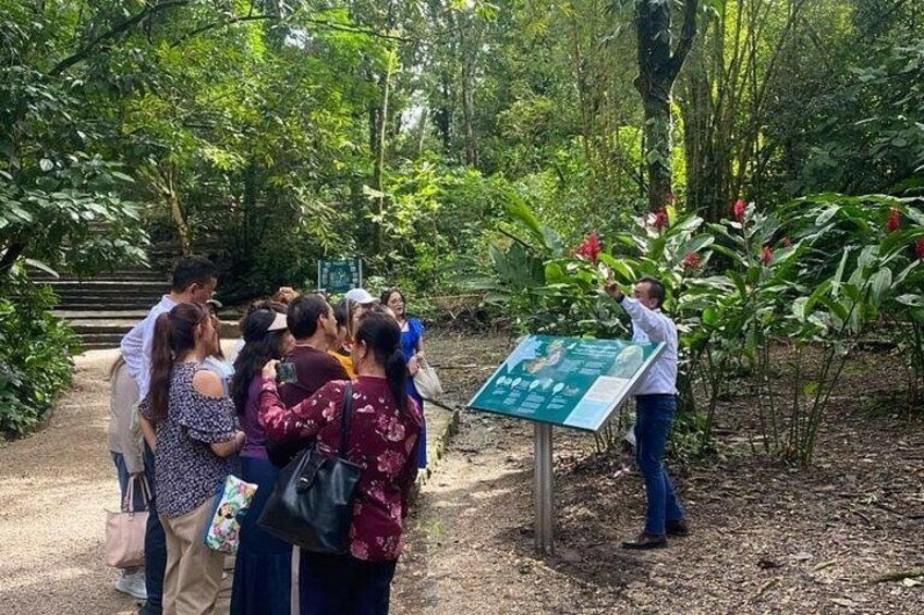 Un grupo de personas reunidas alrededor de un cartel en un área boscosa con árboles y un sendero. 2