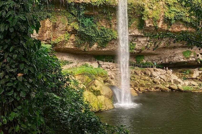 Una cascada que se precipita en un estanque rodeado de exuberante vegetación y acantilados rocosos. 3