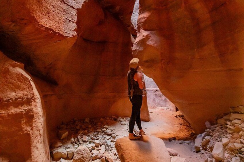 A person standing in a narrow canyon with reddish rock walls. 1