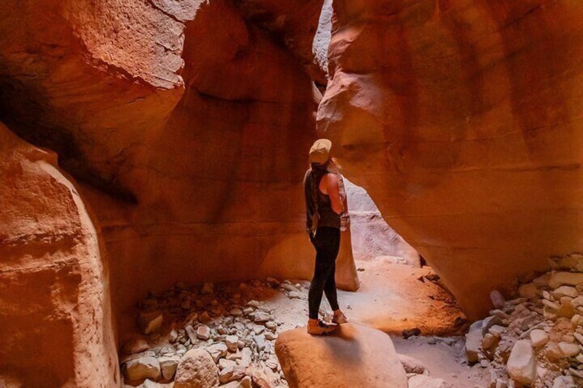 A person standing in a narrow canyon with reddish rock walls. 1