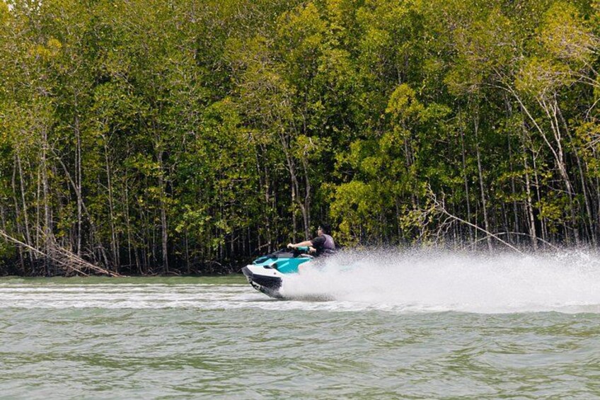 A person jet-skiing on a body of water surrounded by dense green foliage. 2