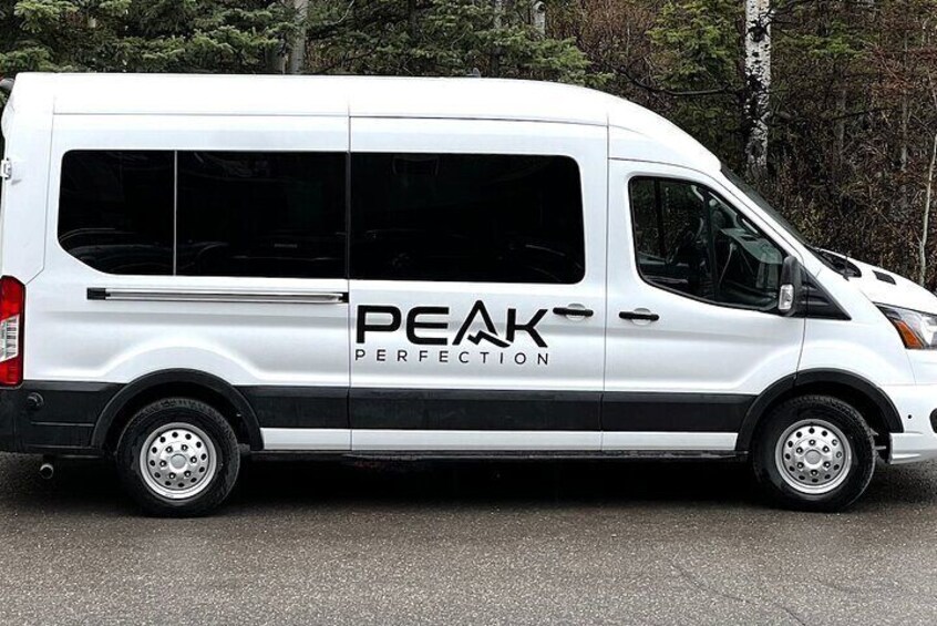A white van with the text "PEAK PERFECTION" on its side parked on a road. 4