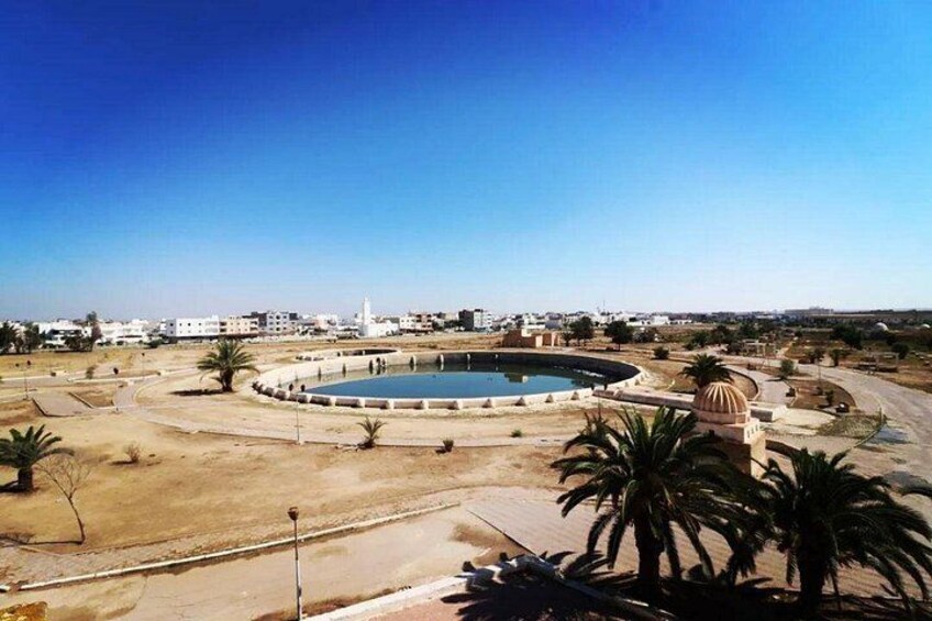 A circular pool with a dome-shaped structure, palm trees, and a clear sky. 2