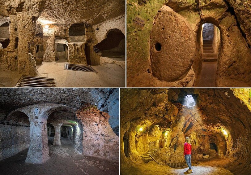 Sèrie de coves subterrànies amb formacions rocoses naturals, una porta de pedra i una persona de peu en un túnel. 3