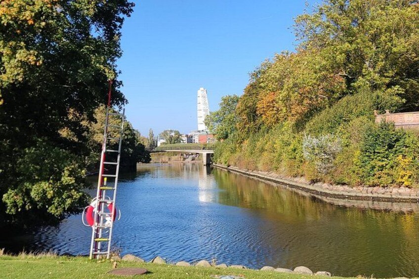 A calm river with a bridge in the background, surrounded by trees and a ladder leaning against a tree. 3